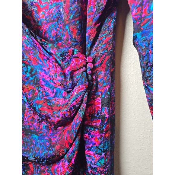 Vtg 80s Flora Kung New York Silk Wrap Blouse Abstract Print Shoulder Pads Sz 14 - Picture 5 of 7